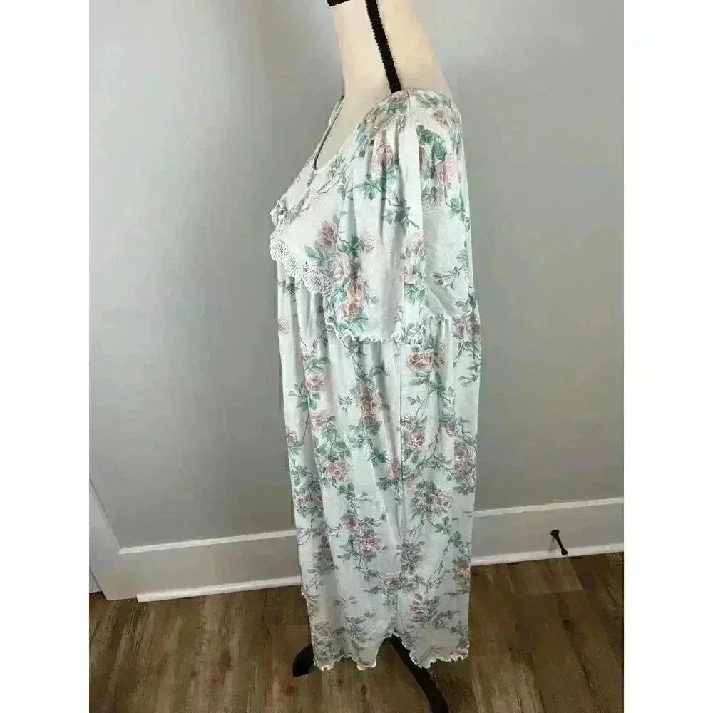 Vtg Barbizon Long Nightgown Short Sleeve Floral Ruffle Lace Cotton Blend M - Picture 6 of 14